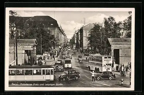 AK Berlin, Potsdamer Platz und Leipziger Strasse mit Strassenbahnen