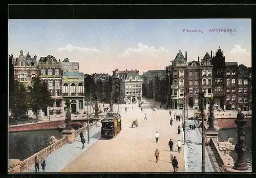 AK Amsterdam, Blauwbrug, Strassenbahn auf einer Brücke