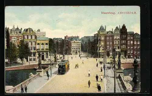 AK Amsterdam, Blauwbrug, Brücke mit Strassenbahn