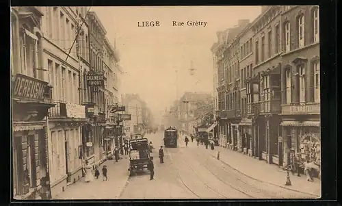 AK Liege, Rue Gretry, Strassenbahn