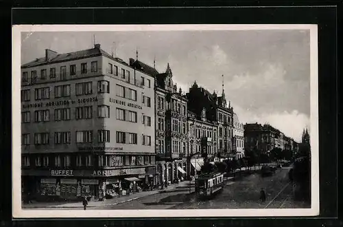 AK Pilsen, Strassenpartie mit Strassenbahn und Adria Buffet