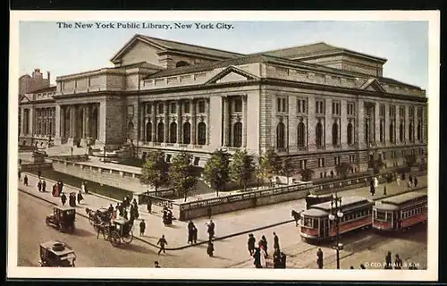 AK New York City, The New York Public Library, Strassenbahnen