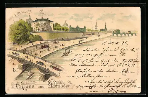 Lithographie Dresden, Elbbrücken und Königliches Belvedere aus der Vogelschau