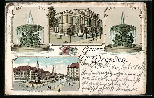 Lithographie Dresden, Theater in der Neustadt, Hauptstrasse, Springbrunnen