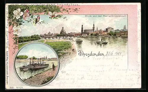 Lithographie Dresden, Blick von der Marienbrücke aus, Frachtdampfer