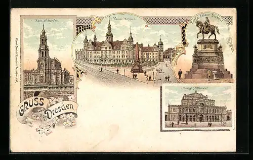 Lithographie Dresden, Kath. Hofkirche, Hoftheater, Schloss