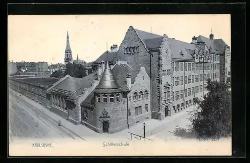 AK Karlsruhe, Schillerschule mit Strassen aus der Vogelschau