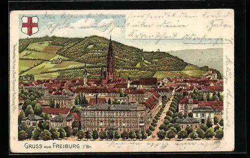 Lithographie Freiburg i. B., Ortsansicht mit Landschaftsblick, Wappen