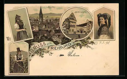 Lithographie Freiburg i. B., Teilansicht mit Münster, Alte Universität, Trachten