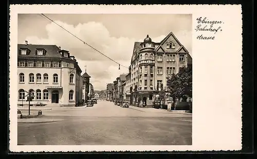 AK Ebingen, Bahnhof-Hotel und Postamt in der Bahnhofstrasse