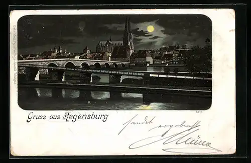 Mondschein-Lithographie Regensburg, Ortspanorama hinter Brücken