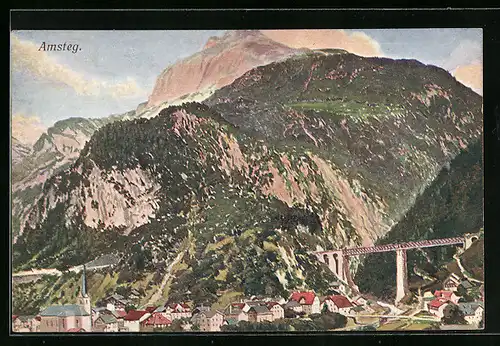 AK Amsteg, Ort mit Bergen und Kirche