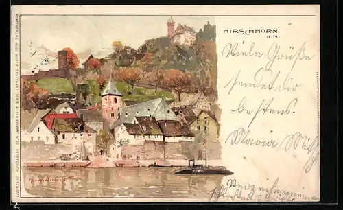 Künstler-AK Hirschhorn a. N., Ortsansicht mit Kirche und Burg