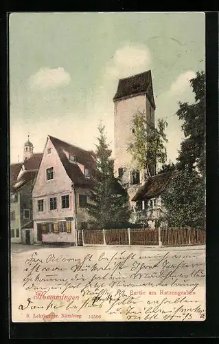 AK Memmingen, Partie am Ratzengraben mit Turm