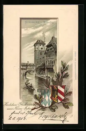 Passepartout-Lithographie Nürnberg, Henkersteg mit Boot, Wappen, Neujahrsgruss