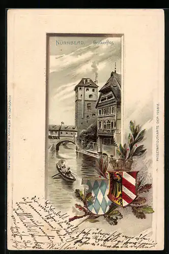 Passepartout-Lithographie Nürnberg, Henkersteg mit Boot, Wappen