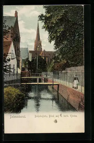 AK Delmenhorst, Bahnhofstrasse mit Blick auf die katholische Kirche
