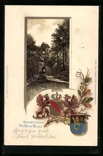 Passepartout-Lithographie Schwetzingen, Der Mercur-Tempel, Wappen