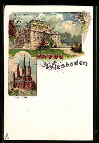 Lithographie Wiesbaden, Königliches Theater, Evangelische Kirche