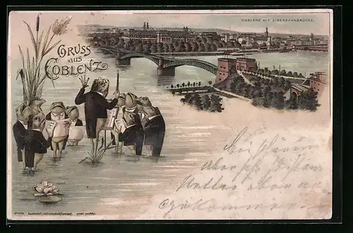 Lithographie Coblenz, Ortsansicht mit Eisenbahnbrücke und Frosch-Chor