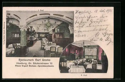 AK Hamburg, Restaurant Carl Deeke, Gr. Bäckerstrasse 12, I. und II. Saal
