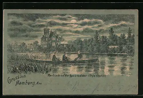 Lithographie Hamburg-Uhlenhorst, Mondnacht auf der Aussenalster