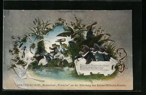AK Kiel-Holtenau, Wandgemälde im Restaurant Warncke an der Mündung des Kaiser-Wilhelm-Kanals, Frösche mit Sekt