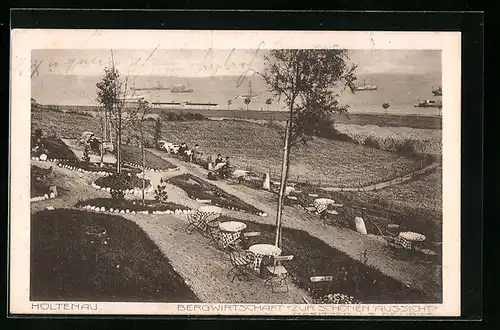 AK Holtenau, Gasthaus Bergwirtschaft Zur schönen Aussicht, Garten mit Wasserblick