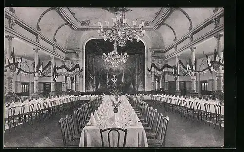 AK Kiel, Gasthof Gesellschaftshaus Flora, Innenansicht Bankettsaal