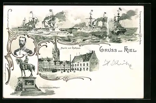 Lithographie Kiel, Dampfer auf dem Meer, Kaiserportrait, Markt mit Rathaus