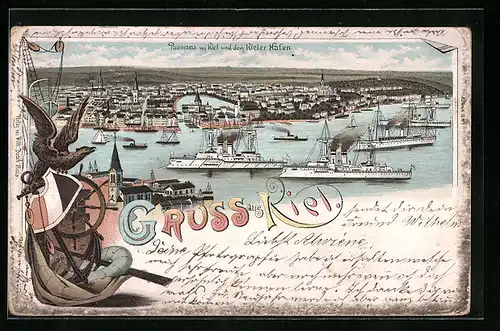 Lithographie Kiel, Panorama von Stadt und Hafen, Wappen mit Adler und maritimen Utensilien