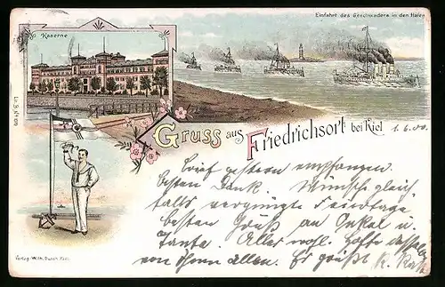 Lithographie Friedrichsort bei Kiel, Hafeneinfahrt des Geschwaders, Kaserne