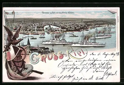 Lithographie Kiel, Panorama von Kiel und dem Hafen, Wappen mit Adler