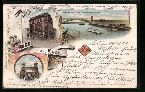 Lithographie Kiel, Gasthaus Etablissement Margarethenthal mit Hochbrücke, Kaufhaus Jacobsen