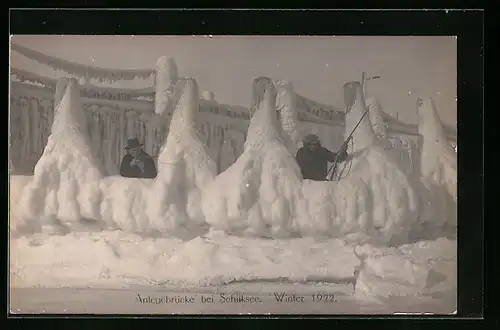 AK Kiel-Schilksee, Schneebedeckte Anlegebrücke 1922, mit Schiessscharten