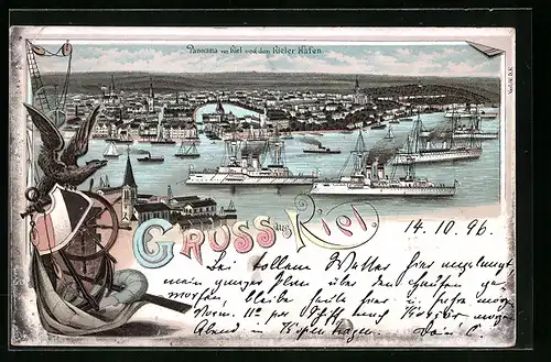 Lithographie Kiel, Panorama der Stadt mit Hafen, Adler auf Wappen