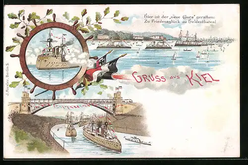 Lithographie Kiel, Kriegsschiffe auf See und unter Kanalbrücke