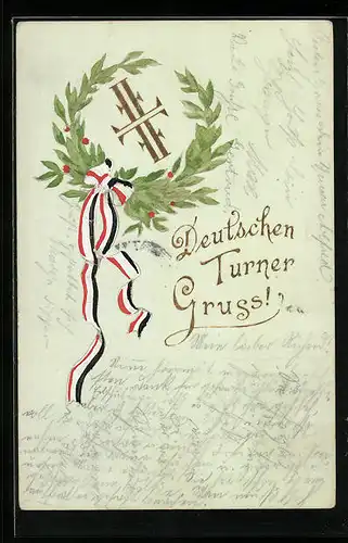 Lithographie Lorbeerkranz und Turner-Logo, Deutschen Turner Gruss