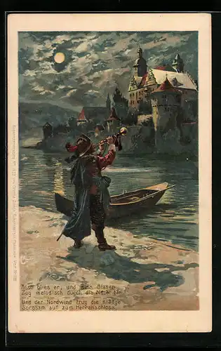 Lithographie Säckingen, Trompeter von Säckingen spielt Trompete bei Vollmond