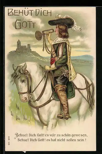 Präge-AK Säckingen, Trompeter von Säckingen spielt Trompete vor der Burg, Behüt Dich Gott!