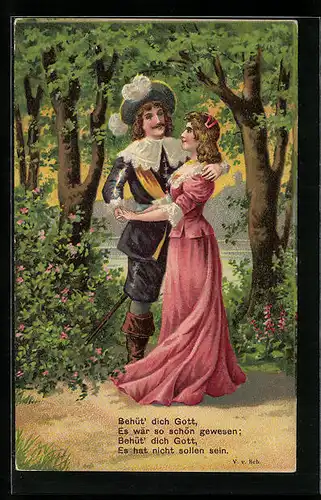 Präge-AK Säckingen, Trompeter von Säckingen mit seiner Geliebten im Wald, Behüt Dich Gott!