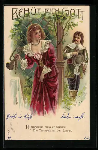 Präge-AK Säckingen, Trompeter von Säckingen und Geliebte mit Trompete, Behüt Dich Gott!