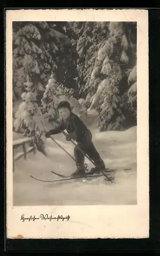 AK Kleiner Skiläufer vor schneebedeckten Tannen