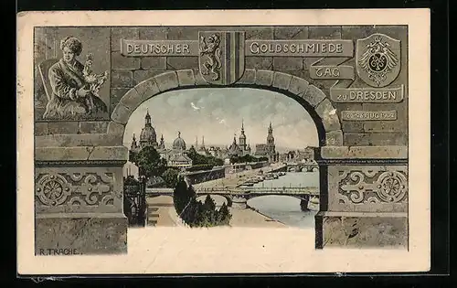 Künstler-AK Dresden, Ortsansicht durch einen Bogen Deutscher Goldschmiedetag 23.-26. Aug. 1902