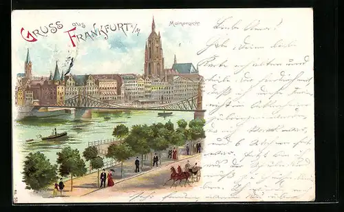 Lithographie Frankfurt a. M., Mainansicht mit Brücke