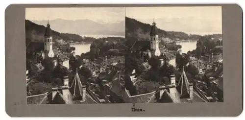 Stereo-Fotografie unbekannter Fotograf, Ansicht Thun, Stadtansicht mit Kirche und Uferpartie
