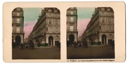 Stereo-Fotografie unbekannter Fotograf, Ansicht Paris, La Statue de Jeanne d'Arc et l'Hotel Regina