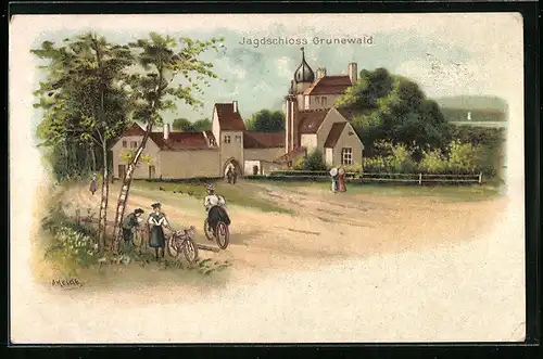 Künstler-AK Grunewald, Radfahrer vor dem Jagdschloss
