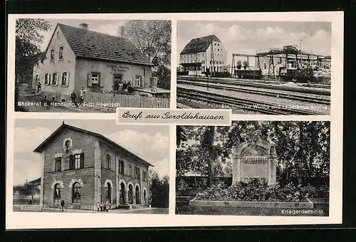 AK Geroldshausen, Steinwerke Wirths und Lagerhaus, Kriegerdenkmal, Bäckerei und Handlung Heunisch