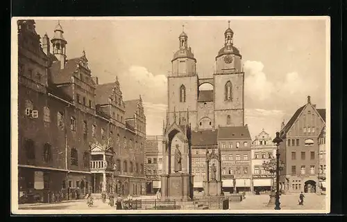 AK Wittenberg, Rathaus und Stadtkirche auf dem Marktplatz der Lutherstadt
